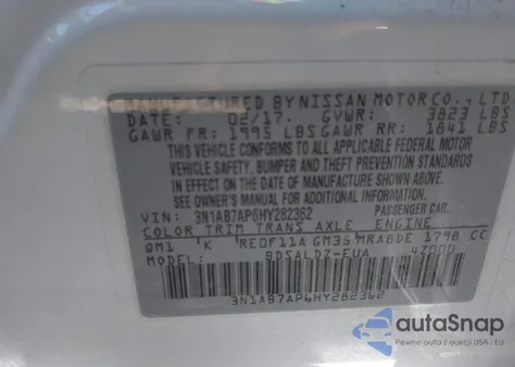 2017 Nissan Sentra Sv из США, поврежденный, VIN 3N1AB7AP6HY282362